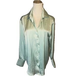 Zara Mint Green Silky Blouse M Top Shirt Button